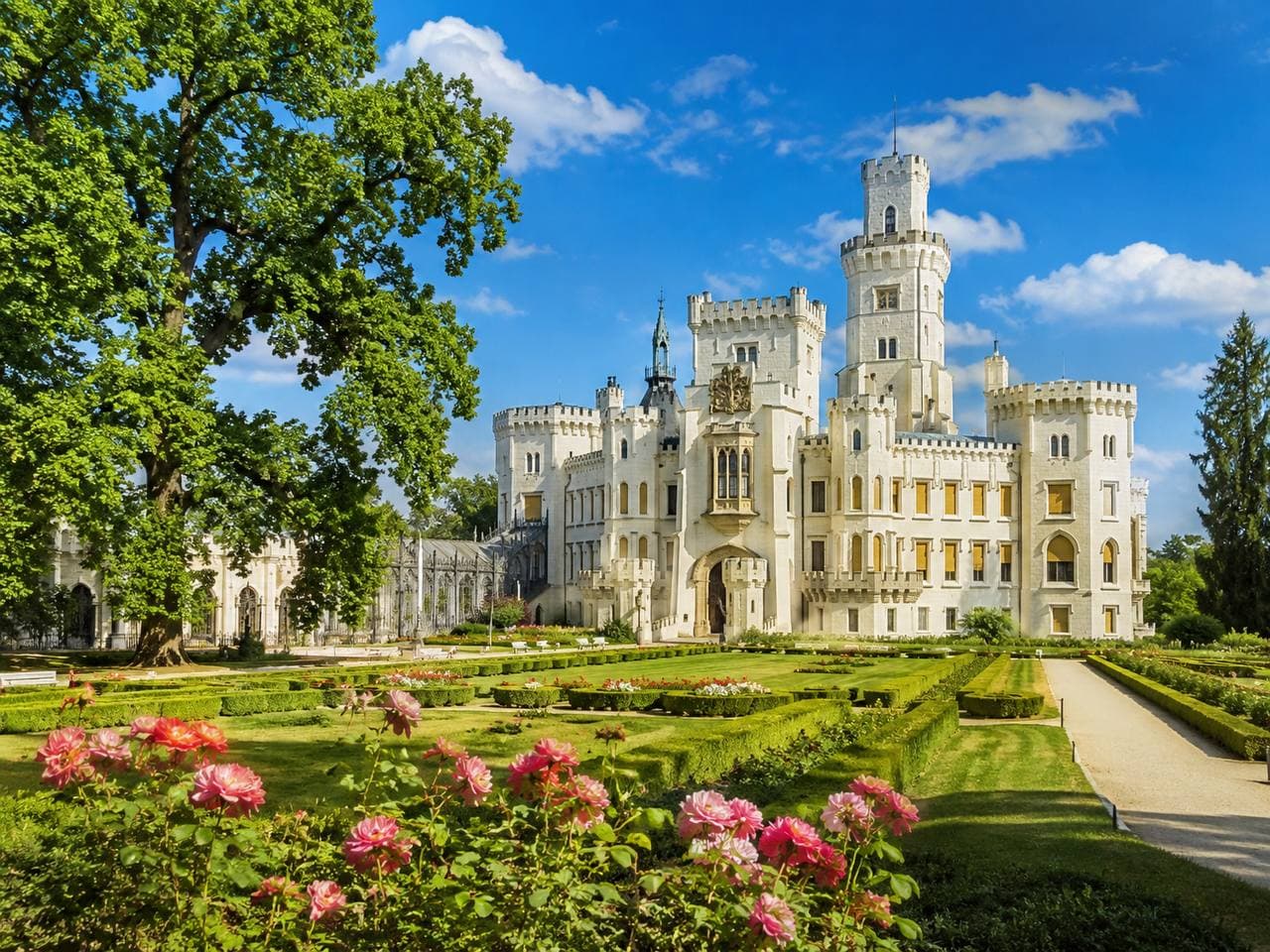 Hluboká nad Vltavou castle above the South Bohemian landscape