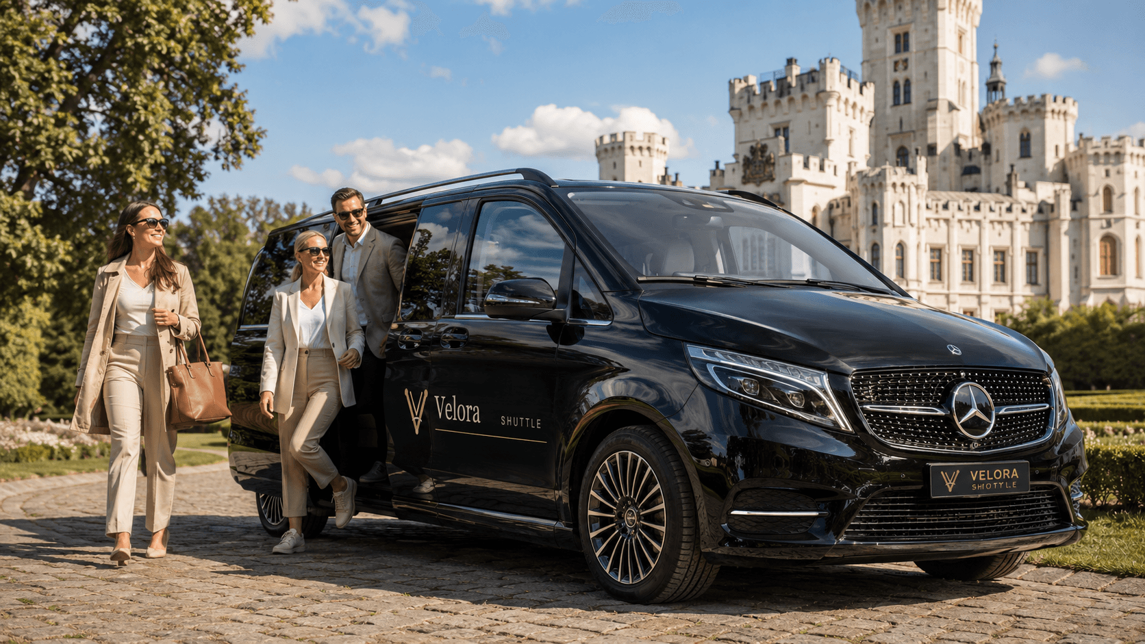 Private driver welcoming guests beside the van on a day trip at Hluboká Castle