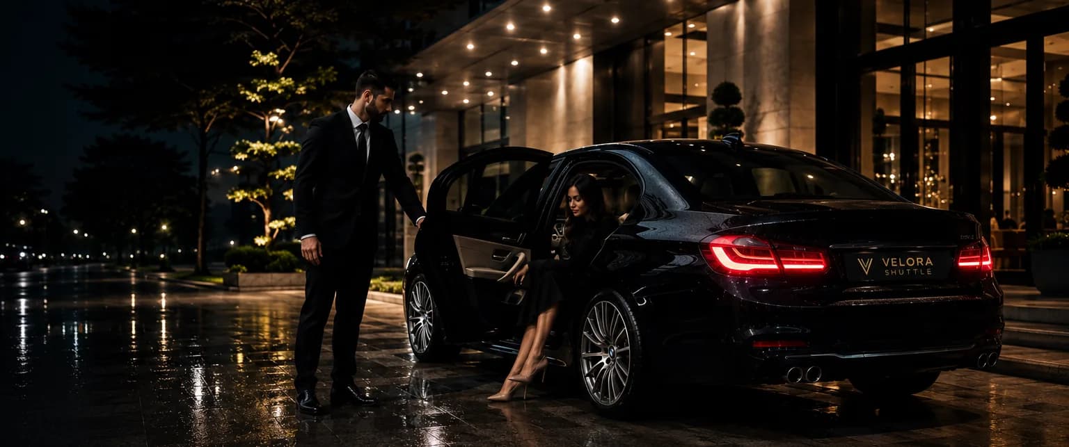 Velora Shuttle chauffeur opening a premium car door at night