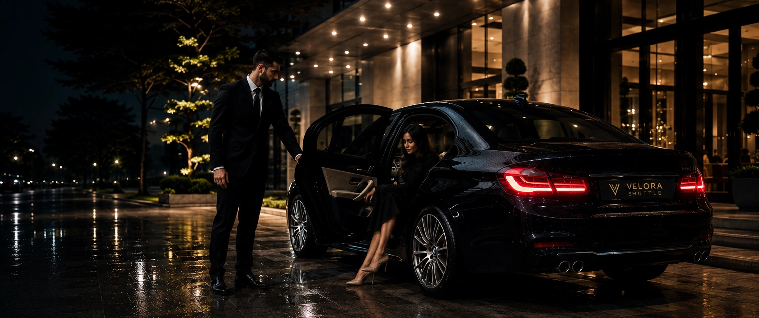 Velora Shuttle chauffeur opening a car door outside a hotel at night