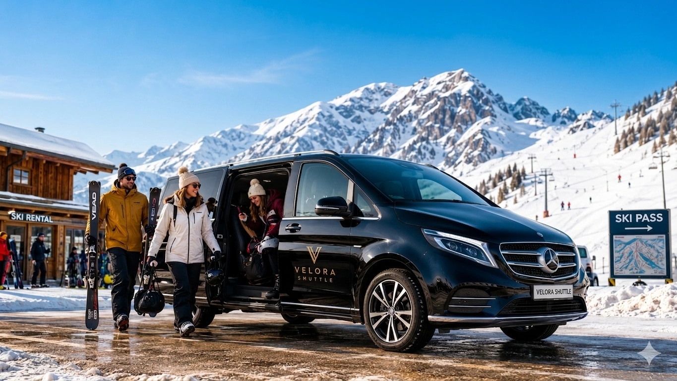 Velora Shuttle Mercedes-Benz van at an alpine ski resort