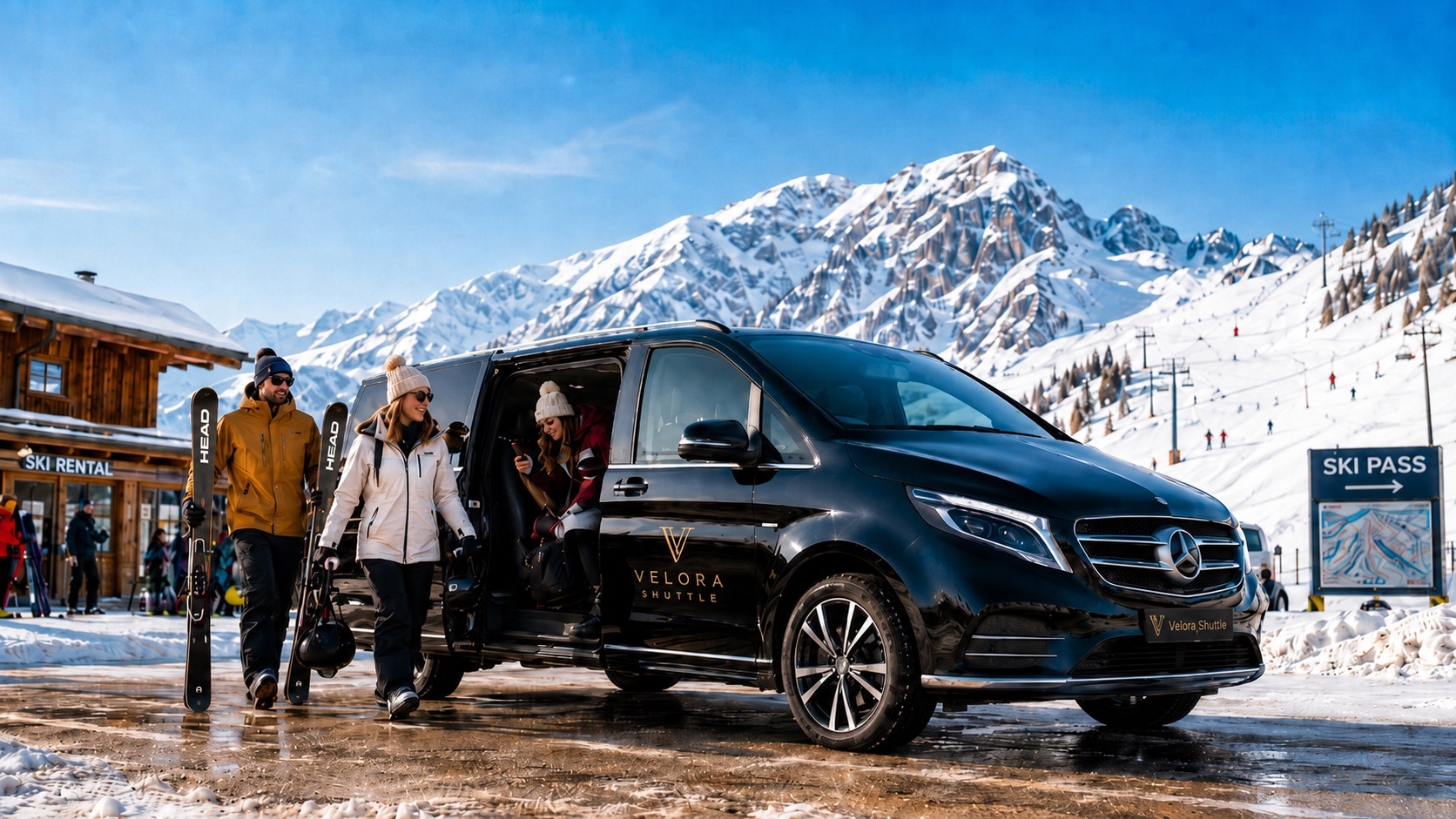 Velora Shuttle Mercedes-Benz van welcoming skiers at an alpine resort