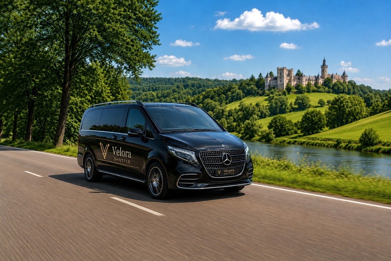 Velora Shuttle Mercedes-Benz V-Class driving through countryside near a castle