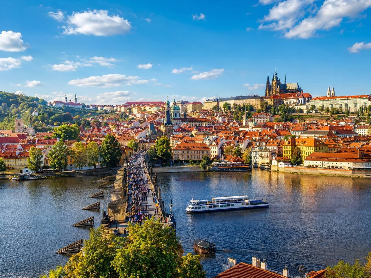 Prague Castle and Charles Bridge above the Vltava river