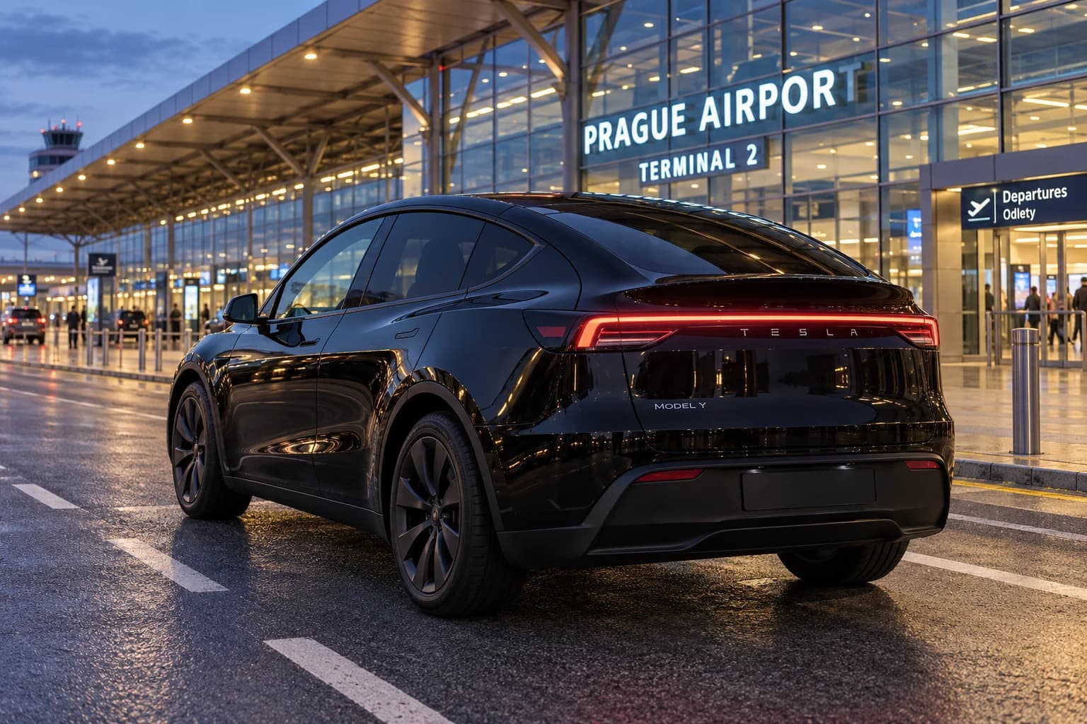 Black Tesla Model Y outside Prague Airport at dusk