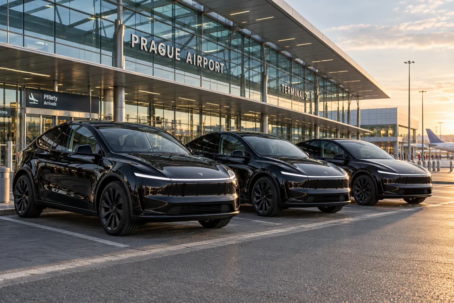 Black Tesla Model Y fleet outside Prague Airport Terminal 2
