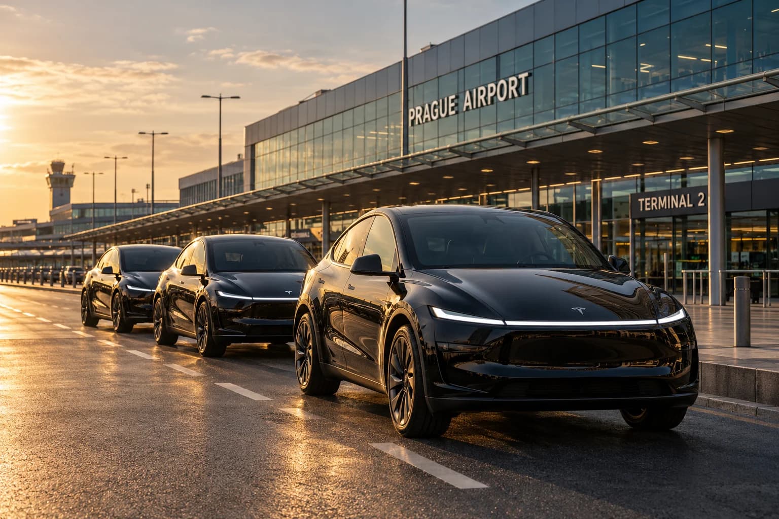 Black Tesla Model Y fleet outside Prague Airport Terminal 2